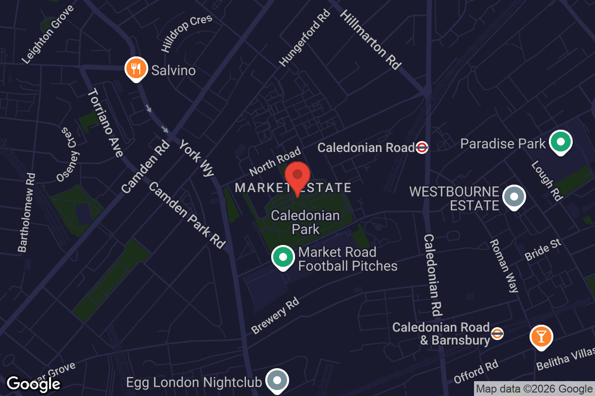 Map showing location of Caledonian Park Clock Tower