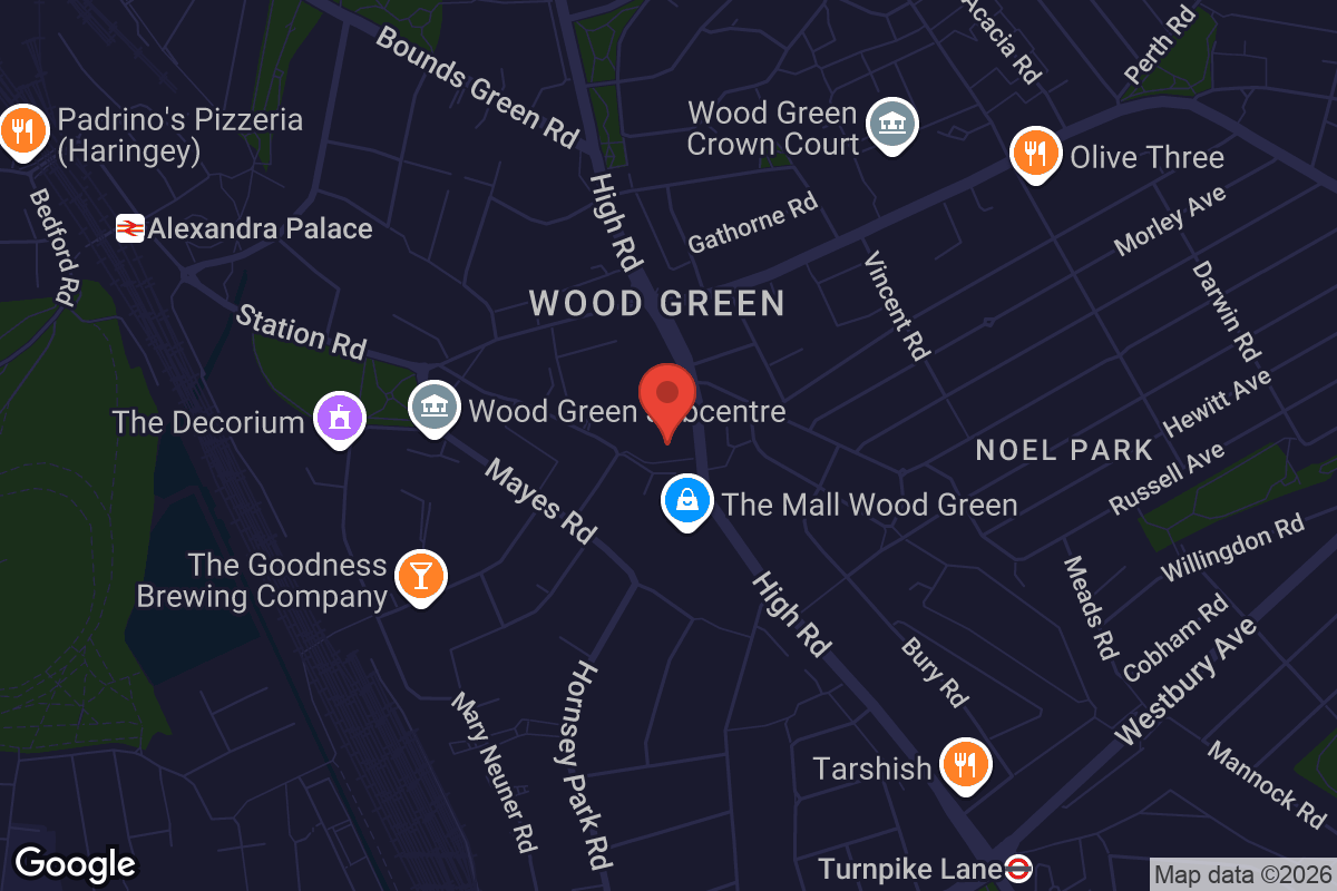 Map showing location of Wood Green Library