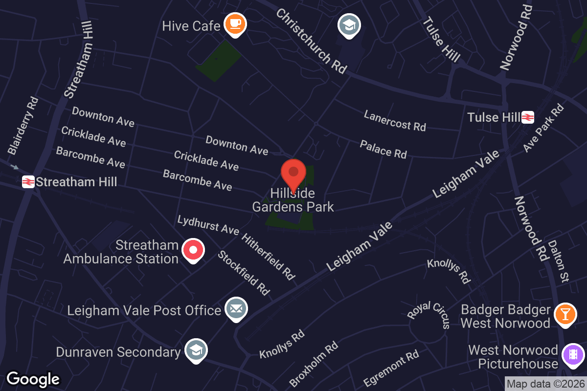 Map showing location of Hillside Gardens Park