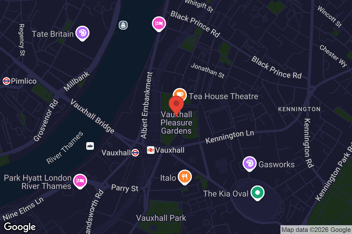 Map showing location of Vauxhall Pleasure Gardens