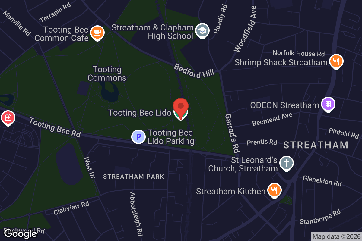 Map showing location of Tooting Bec Lido