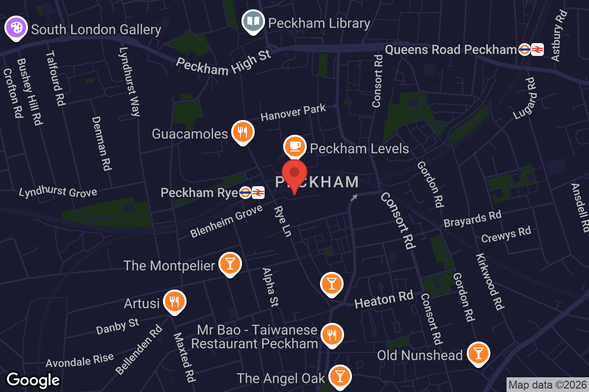Map showing location of Rooftop Cinema Club Peckham
