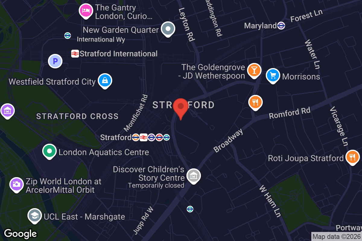 Map showing location of Rooftop Cinema Club Stratford
