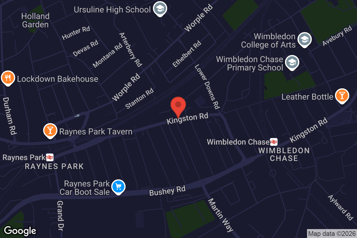 Map showing location of Raynes Park Community Church